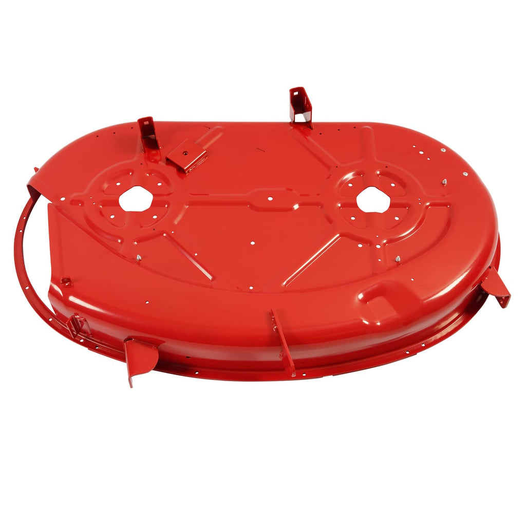 Red 42-inch mower deck top with mounting tabs and side discharge opening