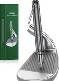 Golf club groove sharpener tool touching a wedge face, with black shaft and chain