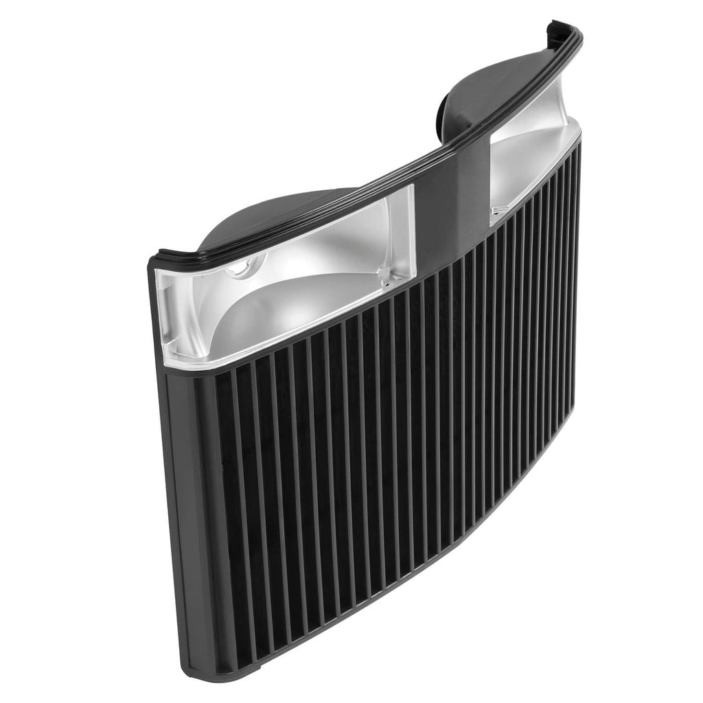 Tractor grille with black vertical slats and silver insert mounting channels