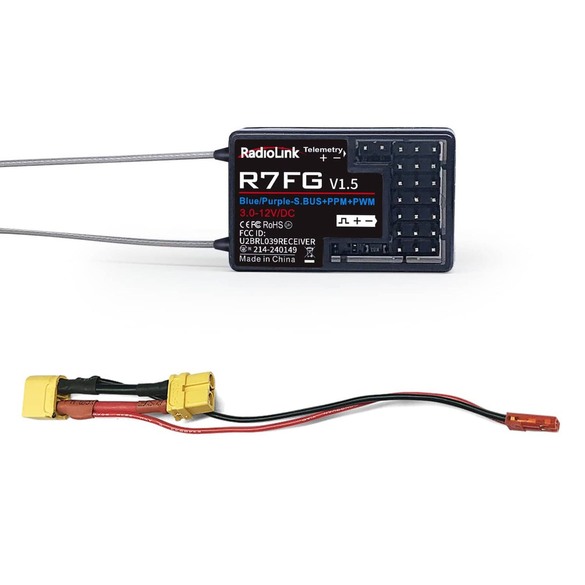 Black RC gyro receiver with telemetry cable and multi-wire power connector