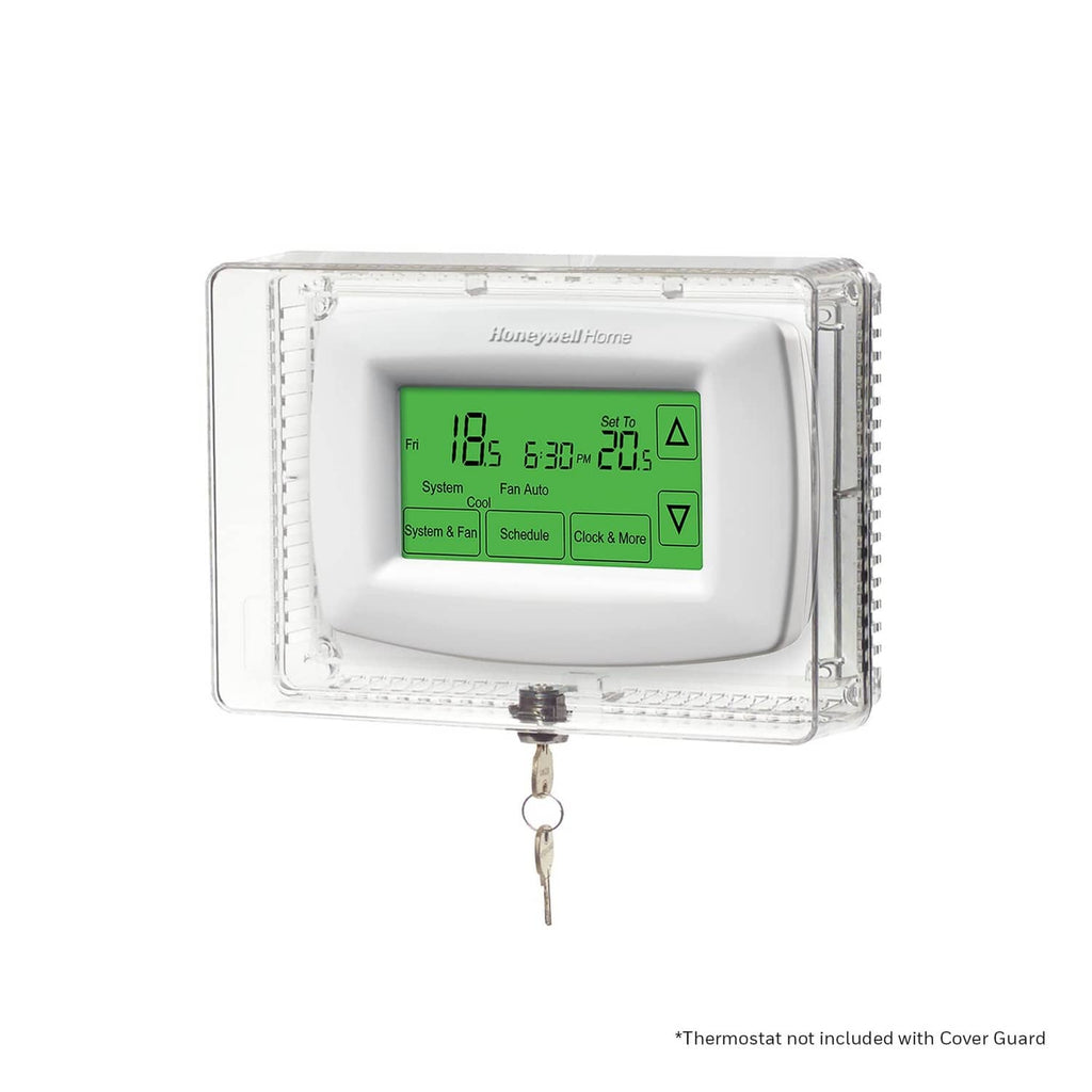 Clear thermostat guard with thermostat screen showing green menu display behind cover