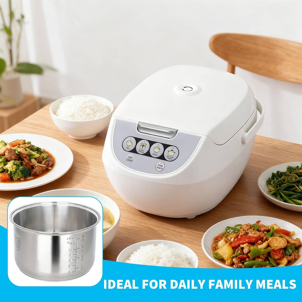 Stainless steel inner pot for 10-cup rice cooker, cylindrical with measurement marks