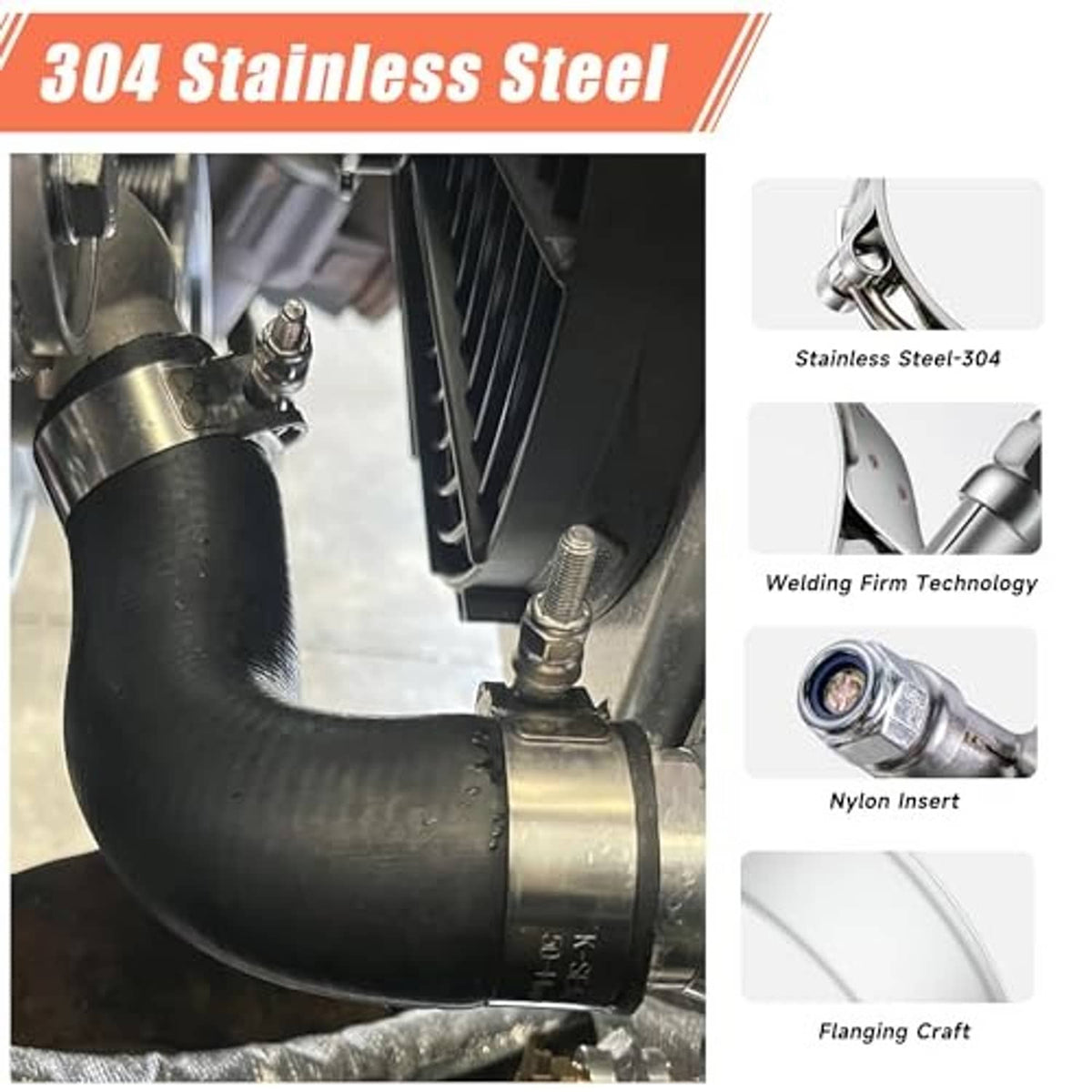 304 stainless steel T-bolt hose clamp on black rubber hose