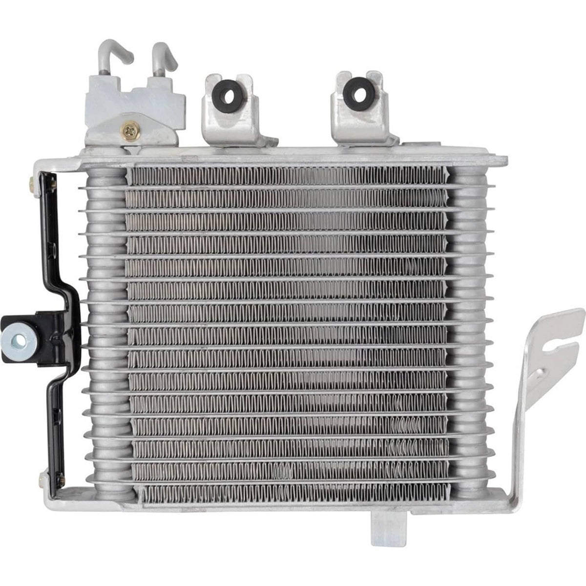 Automatic transmission oil cooler core with fine horizontal fins and side mounting points