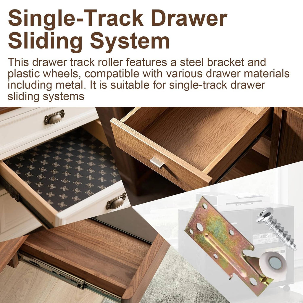 Drawer sliding roller bracket set: steel plates with plastic gray wheels