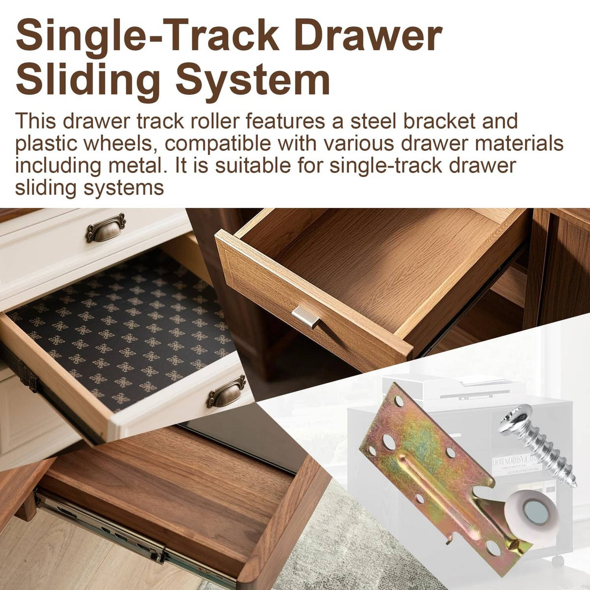 Drawer sliding roller bracket set: steel plates with plastic gray wheels