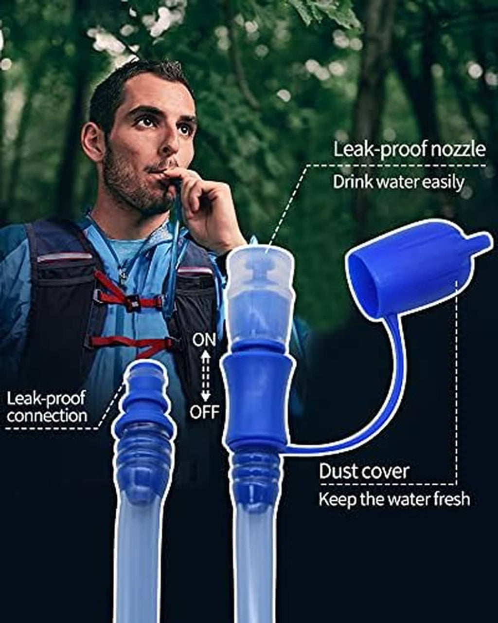 Blue hydration bladder nozzle with leak-proof connector and protective dust cover