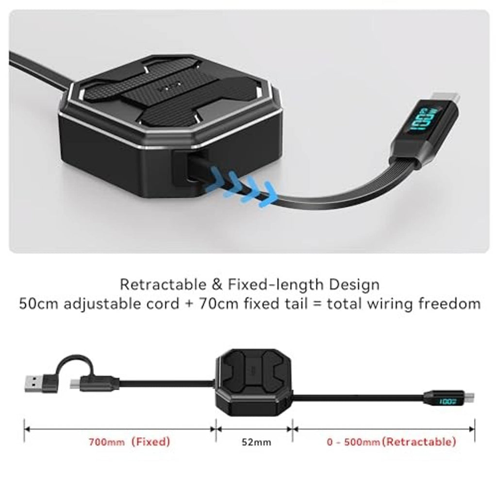 Retractable charging cable base with LED screen and USB connector tips