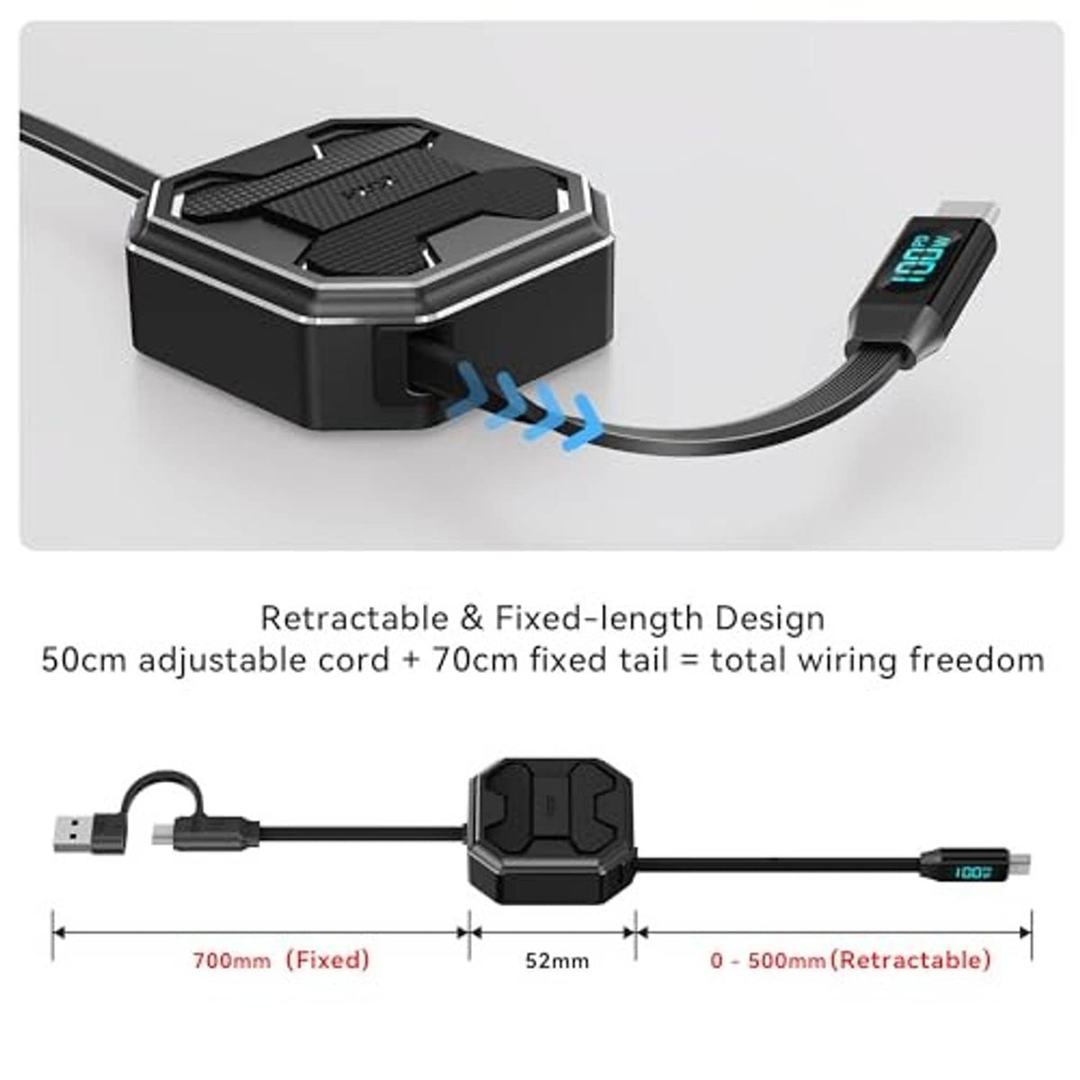 Retractable charging cable base with LED screen and USB connector tips