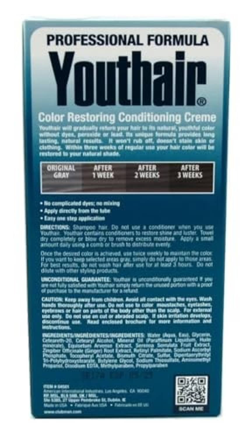 Youthair color restoring conditioning creme bottle back panel with usage claims and warnings