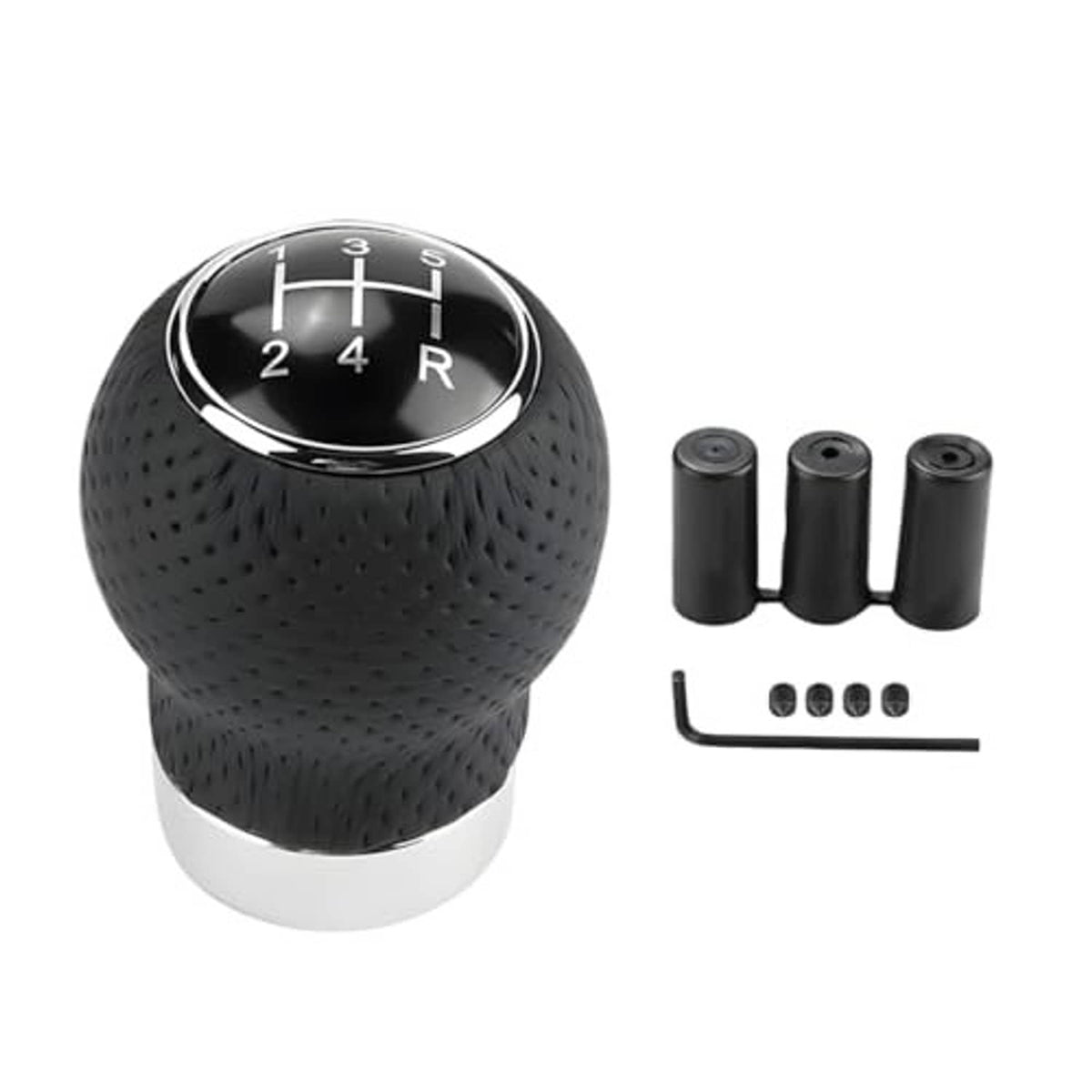 Perforated black leather 5-speed shift knob with chrome gear dial and hardware kit