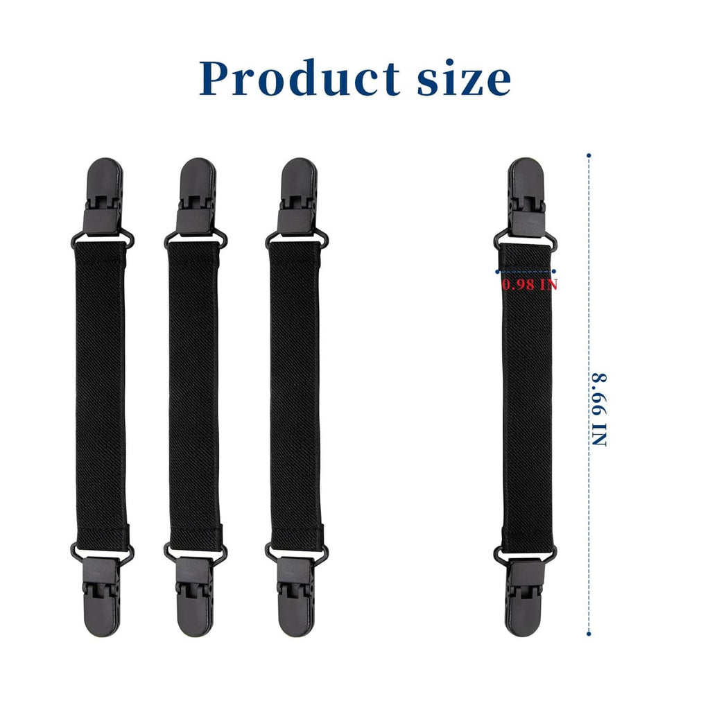 Four black elastic boot straps with plastic clamps, shown for sizing