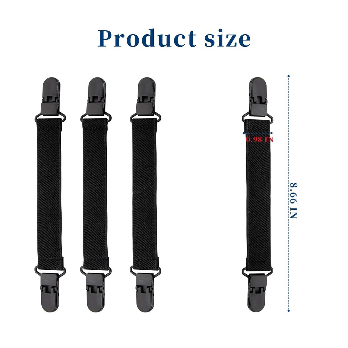 Four black elastic boot straps with plastic clamps, shown for sizing