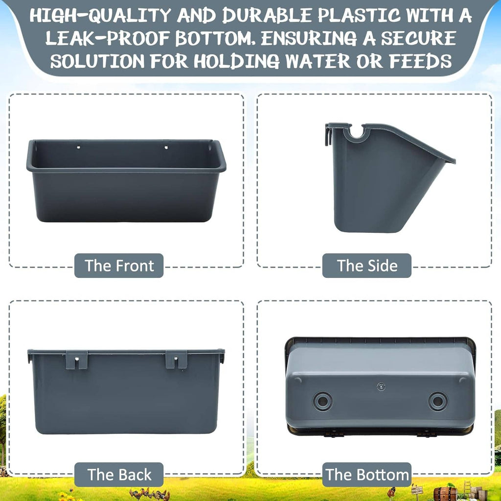 Dark gray feeder trough shown from front, side, back, and bottom views