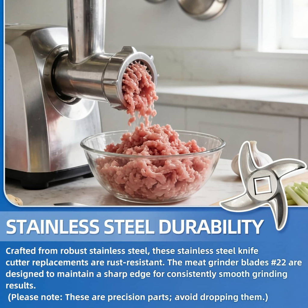 Stainless steel #22 meat grinder blade, shown on grinder head with ground meat