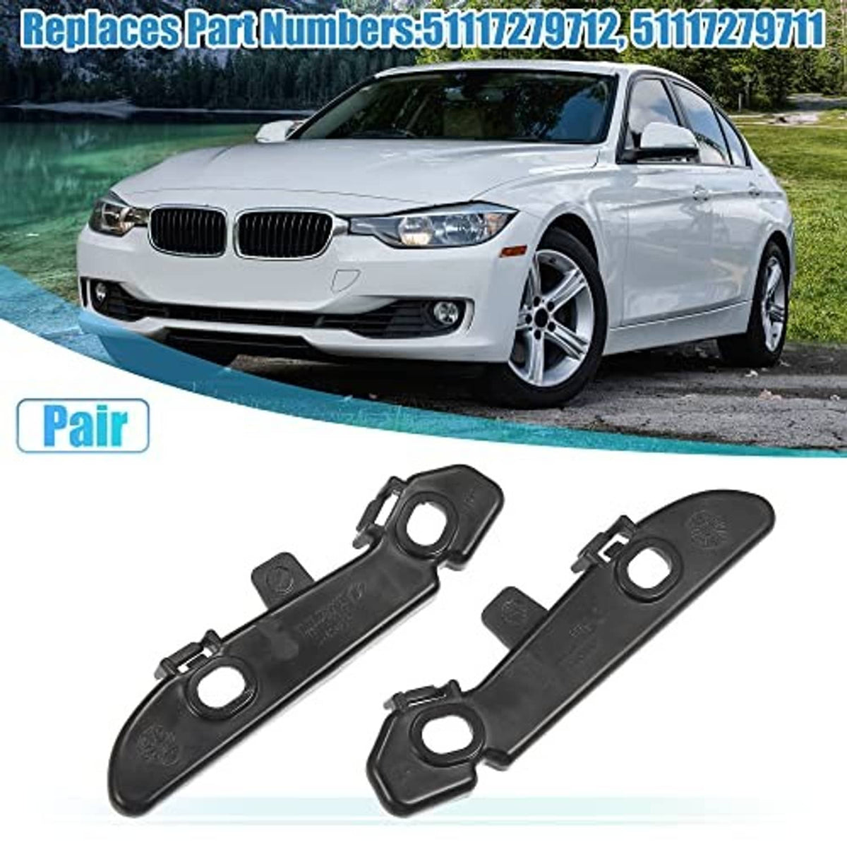 Pair of black bumper mounting support brackets with circular holes and locking clips