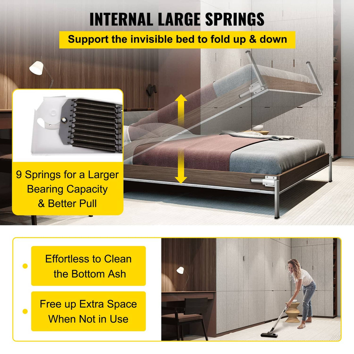 Murphy bed spring mechanisms with stacked coils and open support frame