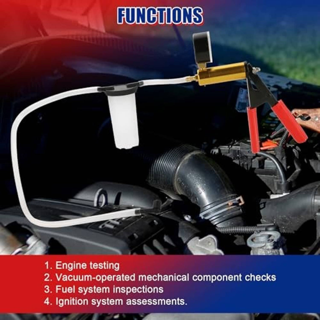 Vacuum brake bleeder pump connected to an engine bay with white vacuum hose