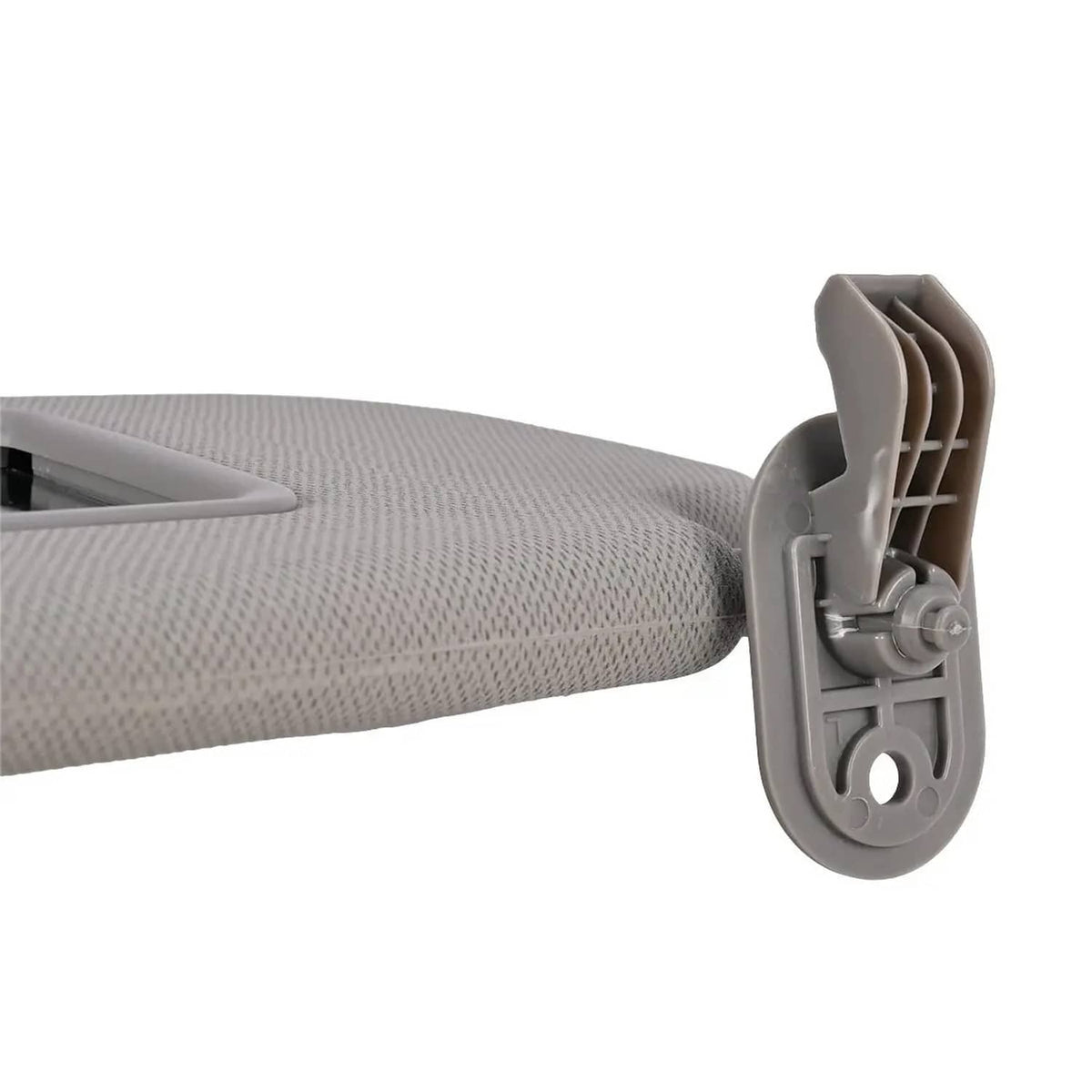 Grey sun visor mounting clip and hinge mechanism on the back, left side
