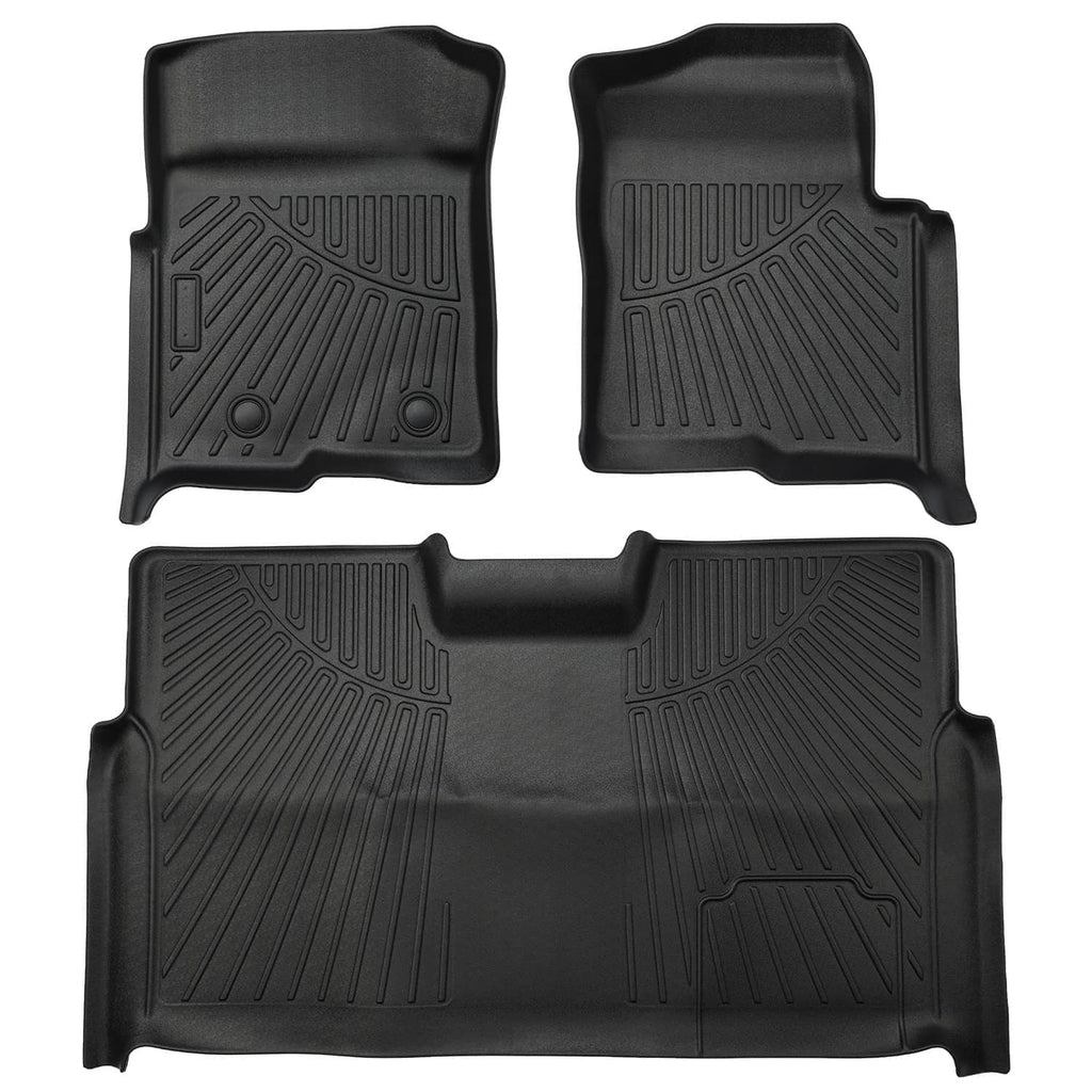 Black molded floor mat set with two front mats and one rear cargo mat, contoured fit.