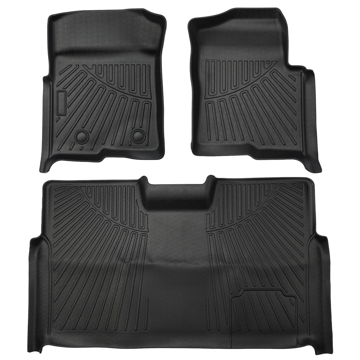 Black molded floor mat set with two front mats and one rear cargo mat, contoured fit.