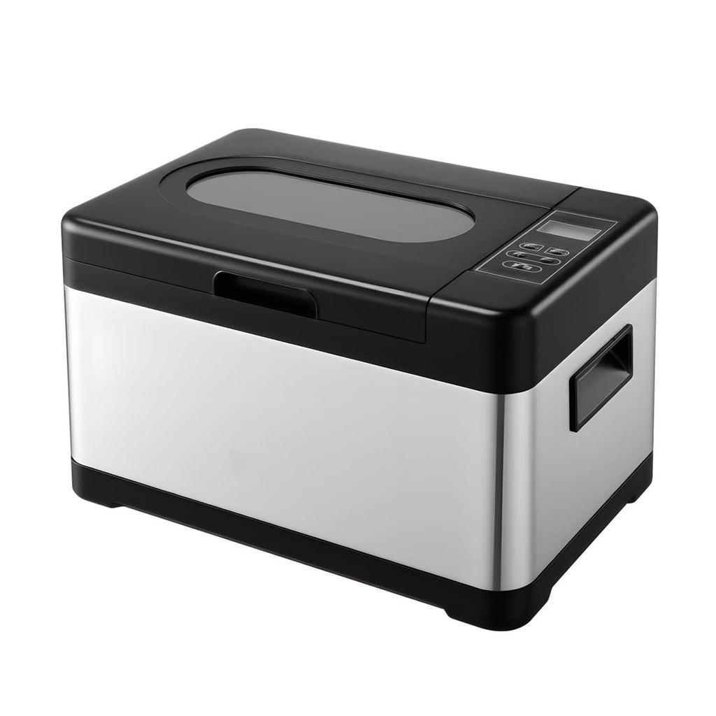Precision sous vide cooker with black control panel and LED display, stainless body