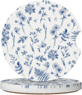 Ceramic car cup coaster with blue floral pattern on a white round base