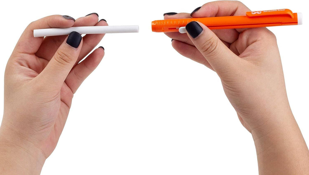 White cylindrical mechanical eraser refill sticks, held in hands