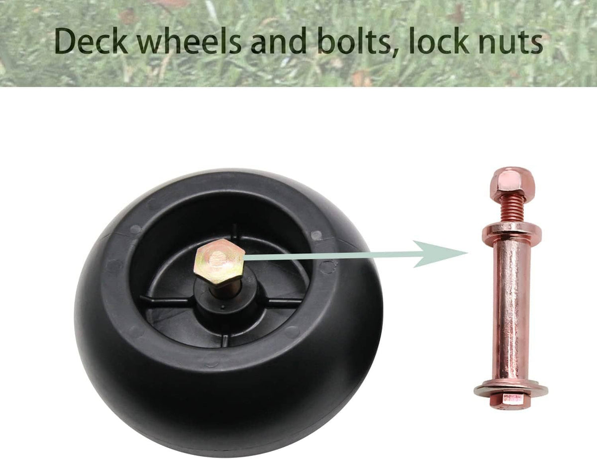 Black deck wheel with axle bolt and hex nut for mower deck anti-scalp use