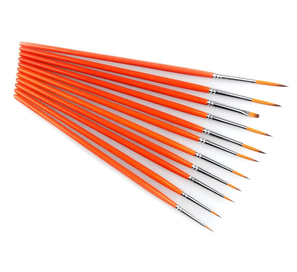 Orange-handled detail paint brushes, 11 assorted fine tips