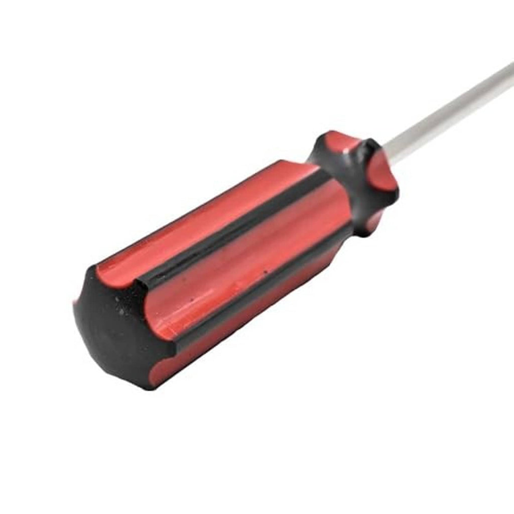 Valve core removal tool handle with red insert and black grip, silver stem