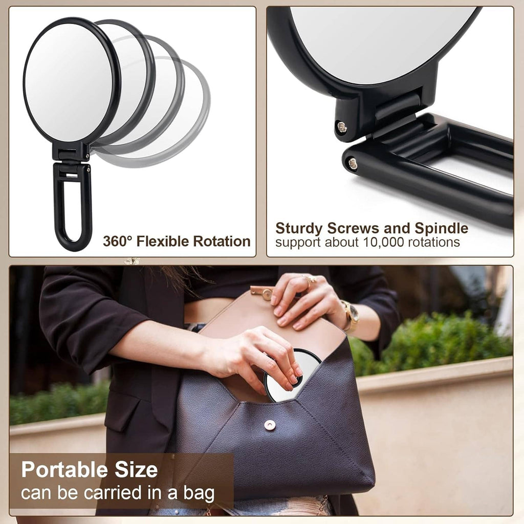 Black round handheld mirror with foldable stand and circular frame for flexible rotation