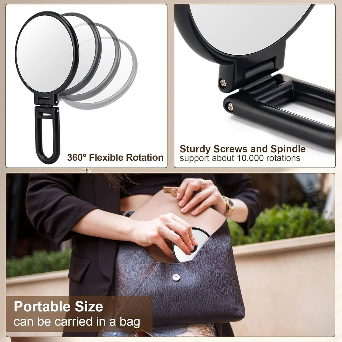 Black round handheld mirror with foldable stand and circular frame for flexible rotation
