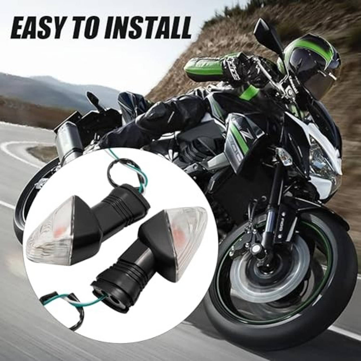 Turn signal indicator lights shown on a motorcycle front fairing, clear lens and black housing