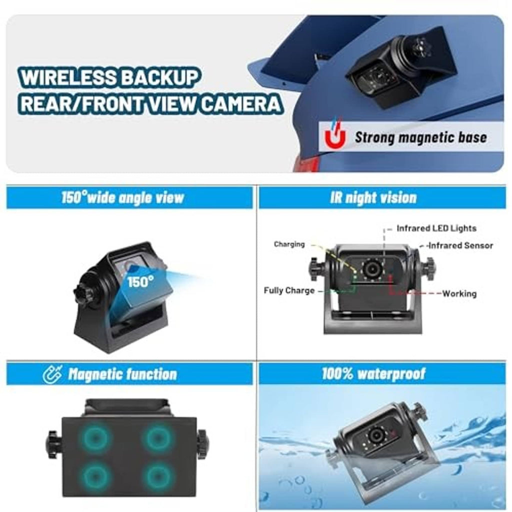 Wireless backup rear/front cameras with strong magnetic base, black weatherproof design