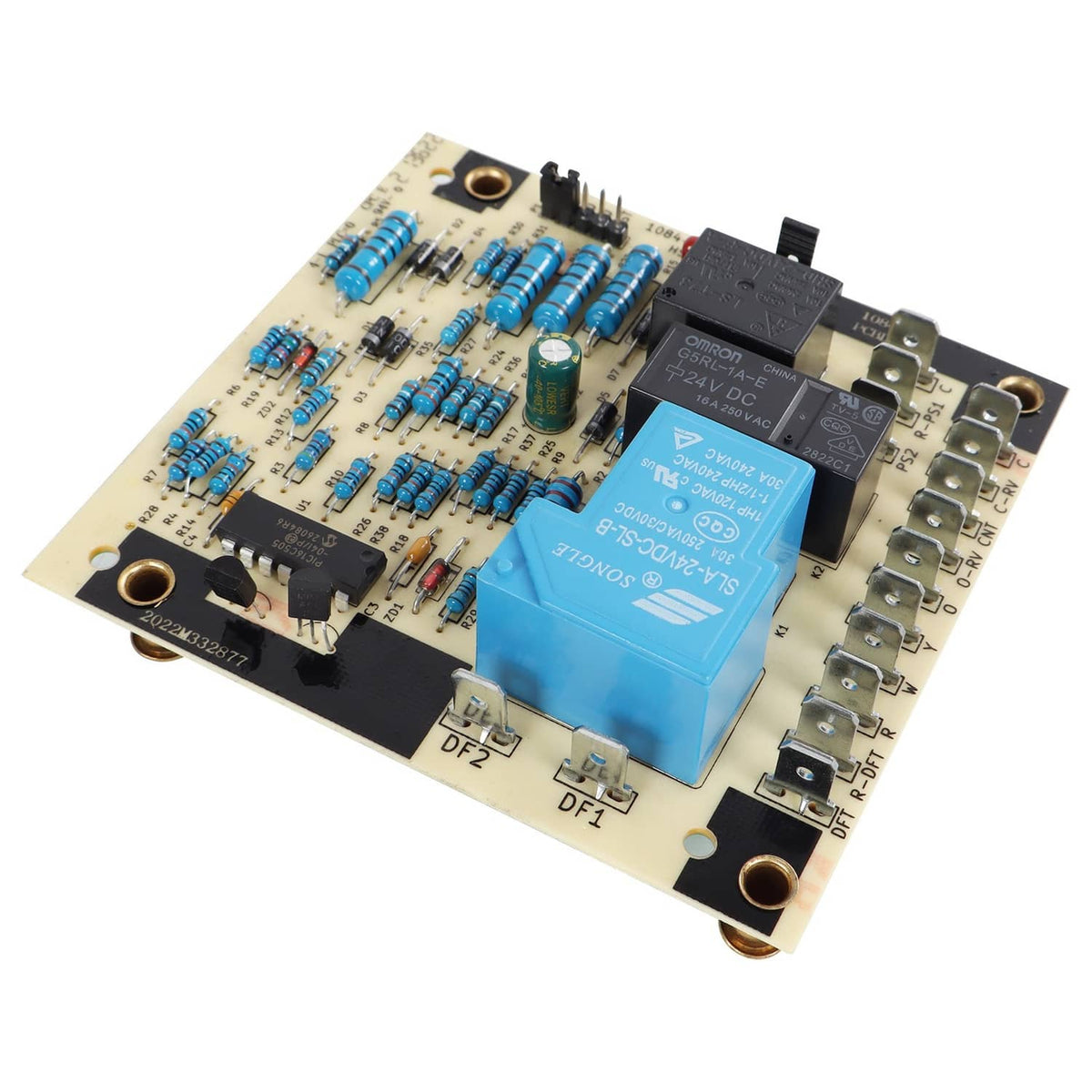 Defrost control board PCB with blue relay, diodes, and black integrated circuits