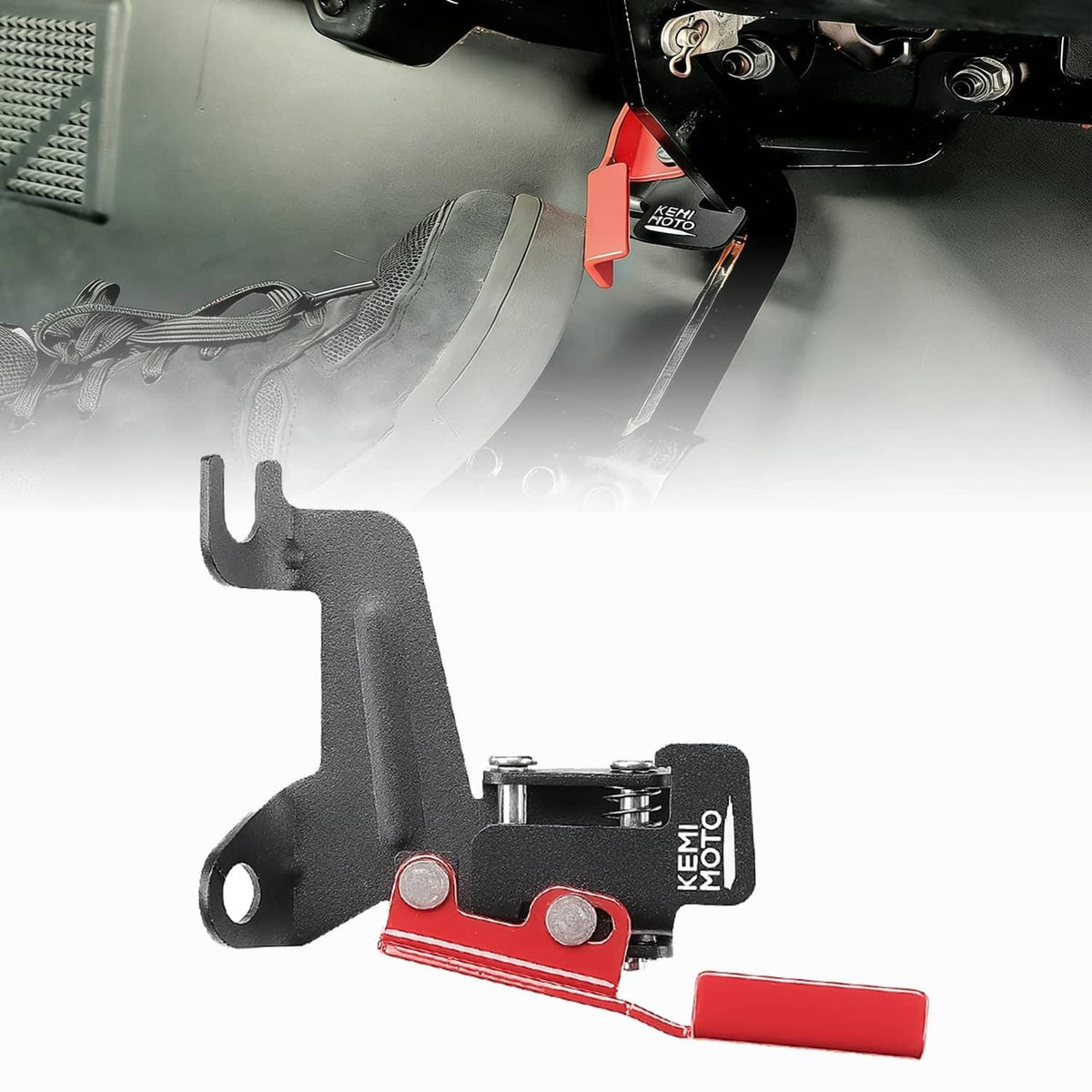 Reinforced UTV parking brake lever with protective spring guard, black and red.