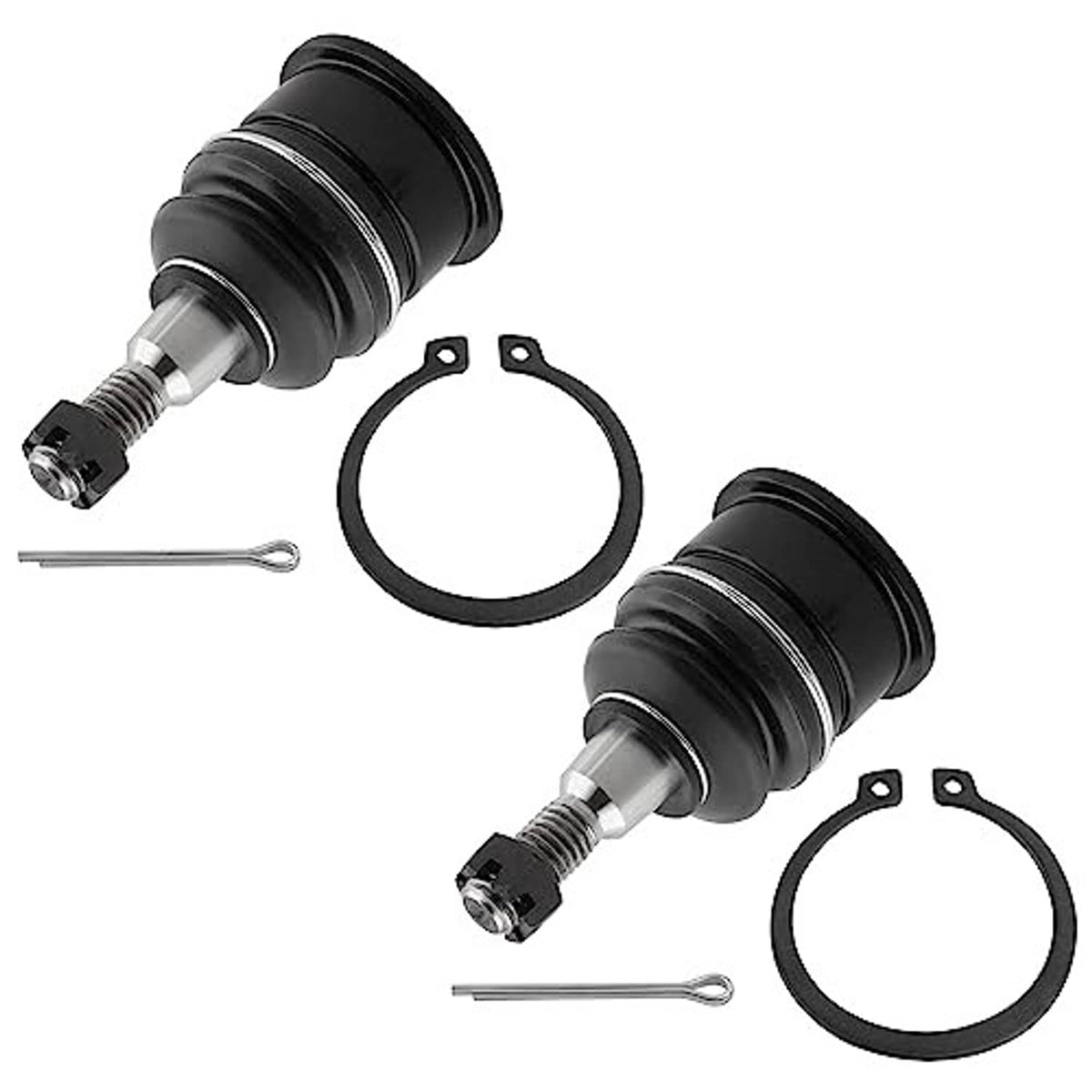 Front upper ball joint set: black boots, silver ball studs, metal socket, retaining rings, pin
