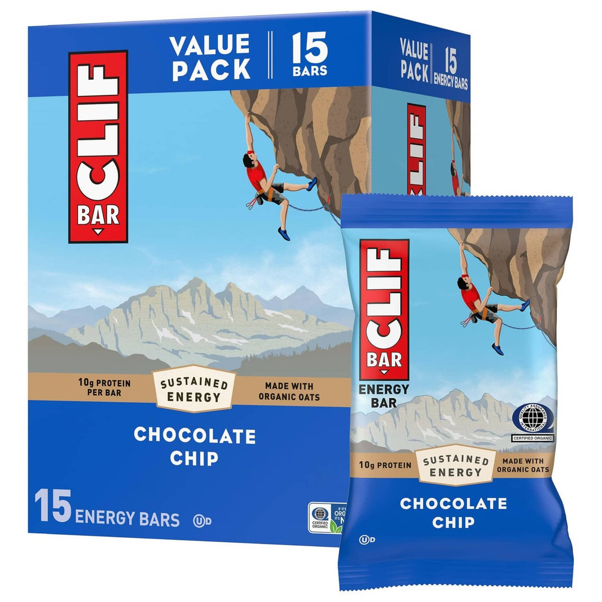 Chocolate chip energy bars 15-count value pack box and single bar bag