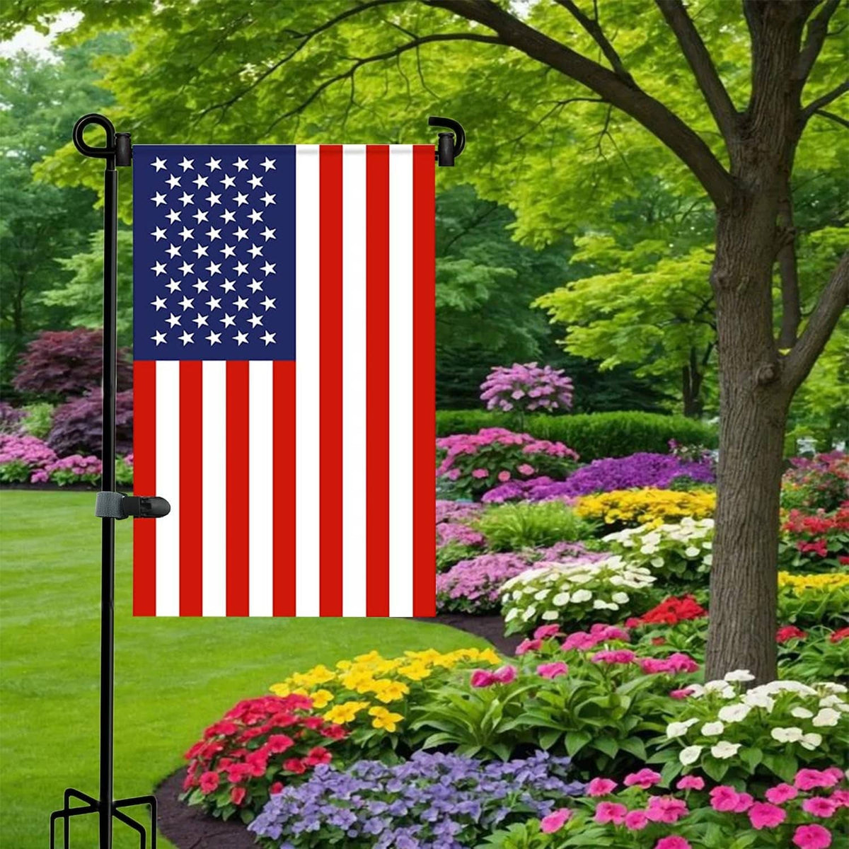 Black garden flag stand pole with U-shaped top hooks and five-prong stake base