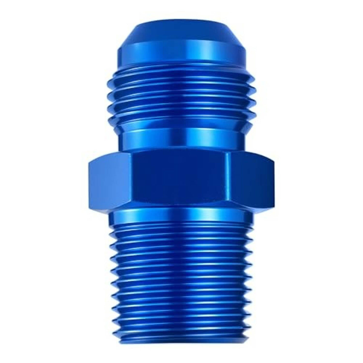 Blue anodized flare adapter with hex collar and straight male threads, close-up