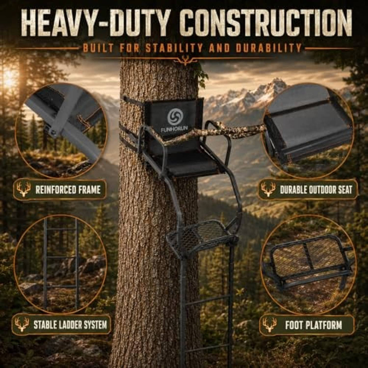 Heavy-duty ladder tree stand with reinforced frame, padded seat, and foot platform