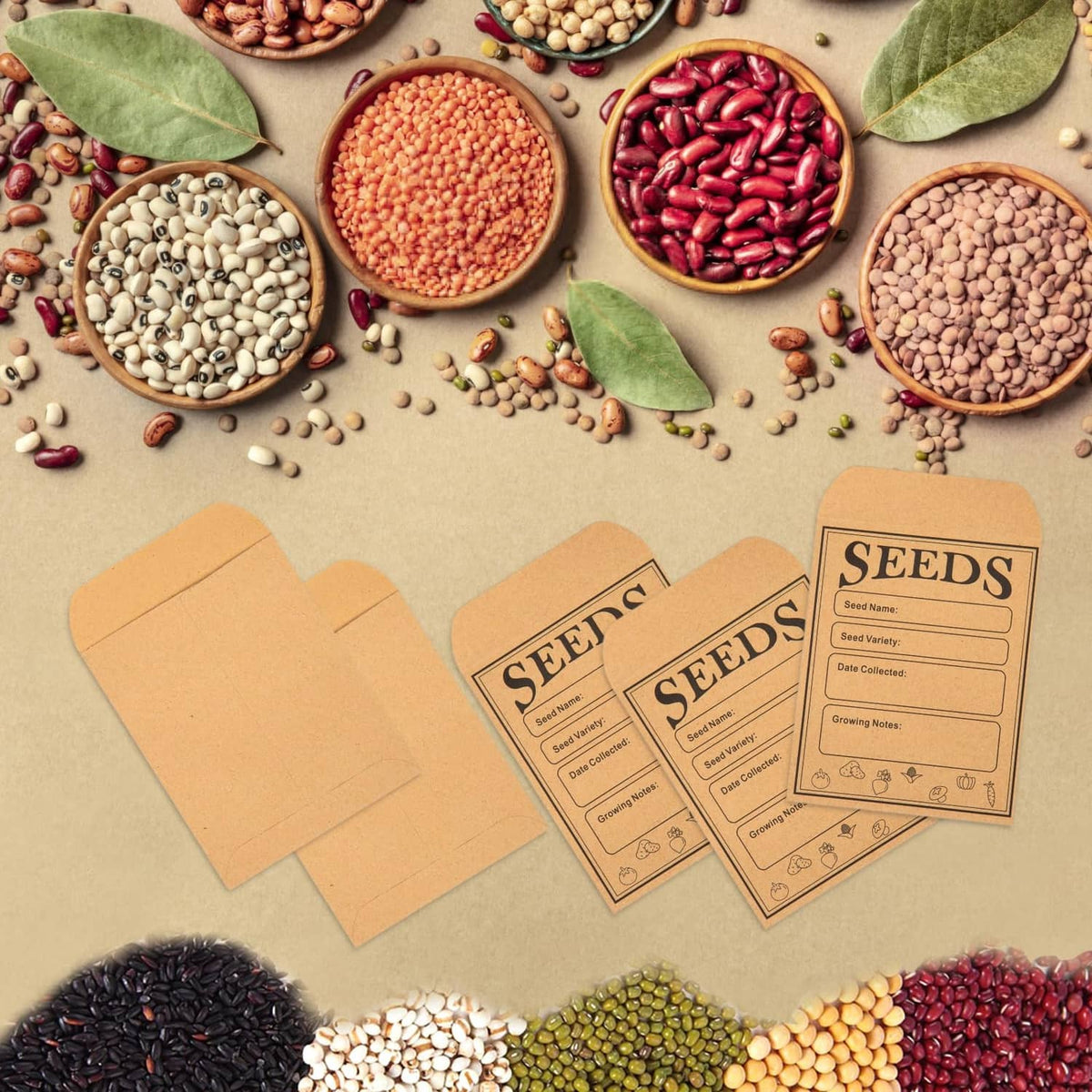 Brown kraft seed envelopes with printed SEEDS labels, several stacked and scattered.