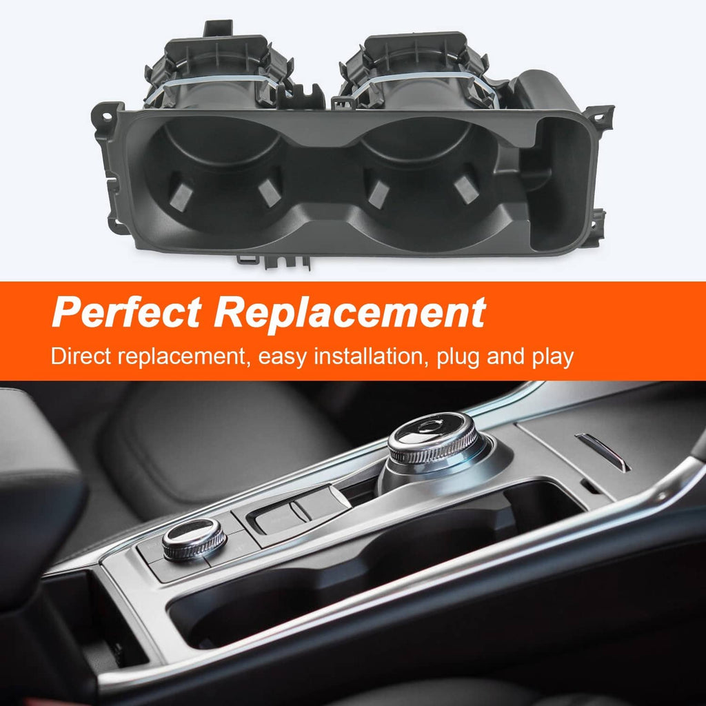 Black two-cup center console cup holder insert showing front openings and inner dividers