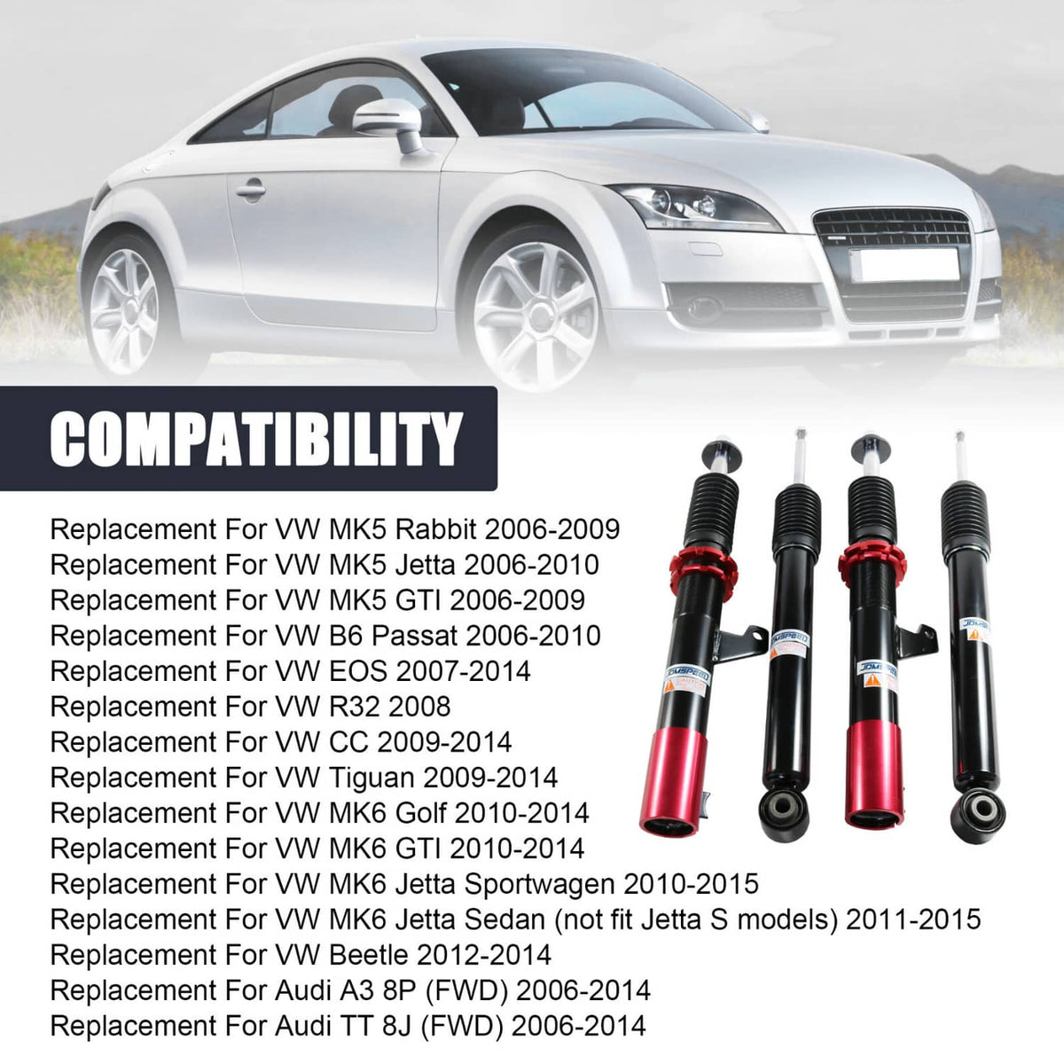 Four coilover struts with black shocks, red collars, and black springs