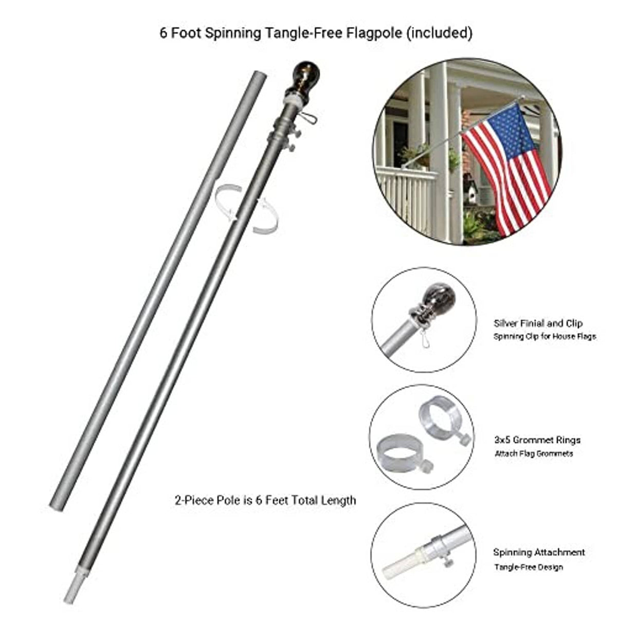 Two-piece flagpole system with finial, mounting hardware, and house clip for spinning flags