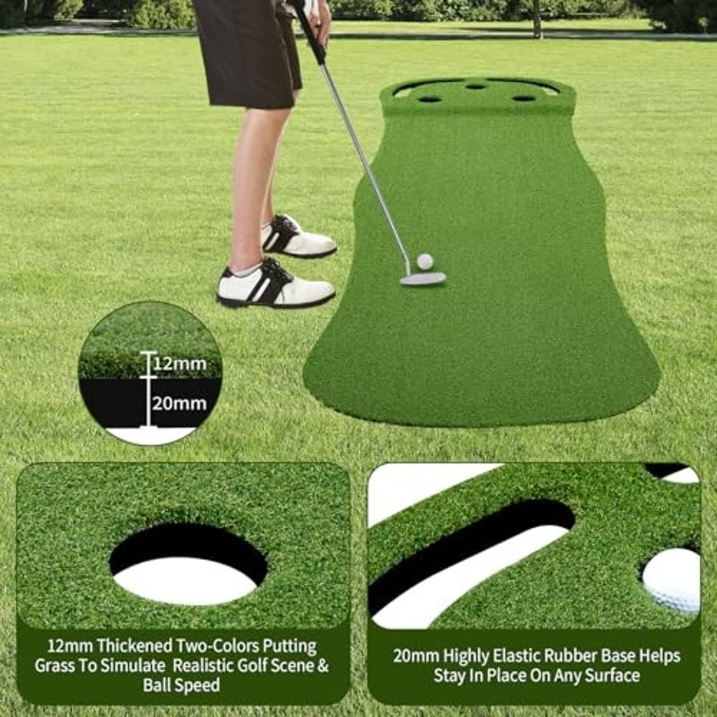 Green artificial turf putting green mat with cup holes, golf ball and putter