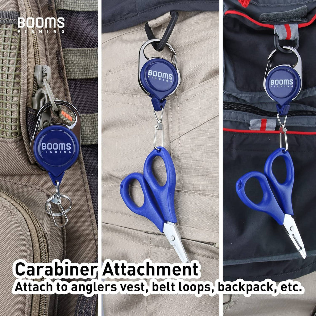 Retractable fly tool retractor with blue carabiner clip and shears