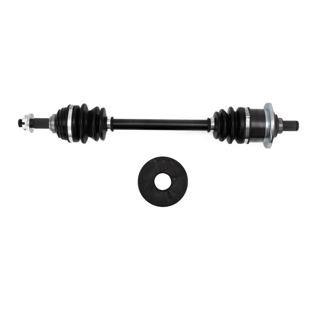 CV joint axle pair with black boots and metal splined ends, plus round spacer disc