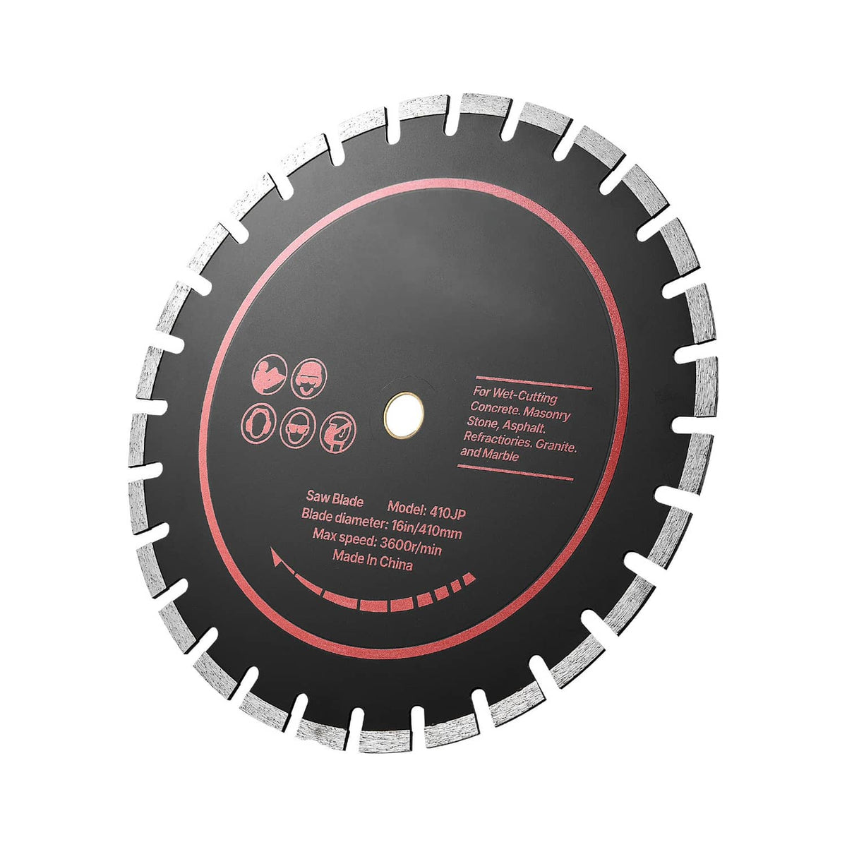 16 in diamond saw blade with central label and sharp segmented rim teeth
